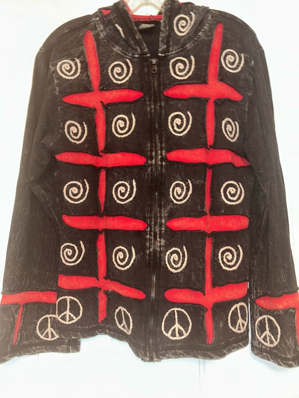Shop Therapy Embroider Zip Jacket Black Red Spiral Peace Hippie Whimsigoth Boho